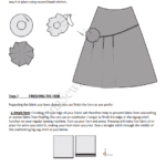 LANGE skirt sewing pattern tutorial page with illustrated steps for hand-gathering and attaching the fabric flower, followed by diagrams for a narrow or double-fold hem.