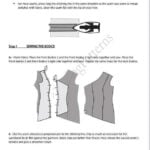 An instructional diagram showing steps for sewing the bodice using a sewing pattern. Step 1 details the use of a sewing machine and serger. Image A shows the main fabric pieces aligned together to sew the bodice. Stitch patterns and seam finishes are illustrated. Clip locations are shown in the second diagram labeled B.