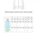 KELIS relaxed blouse sewing pattern measurement table with a line drawing of the long-sleeved top and graded bust and garment dimensions.