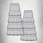 JADE PDF skirt sewing pattern product presentation illustrating a fitted upper skirt and four cascading horizontal ruffle bands toward the long hem.