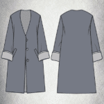 CHAMADE V-neck coat sewing pattern technical illustration of a long, loose-fitting coat with dropped shoulders, turned-up cuffs and a three-snap front.