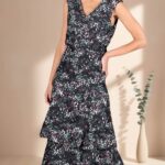 FOYS sewing pattern: fOYS evening dress sewing pattern presentation, showing a sleeveless floor-length gown with a V-neck bodice, two skirt tiers and an open back tied with a bow.