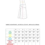 A garment measurement chart for a dress displayed alongside an illustration of the garment and its sewing pattern. The chart includes measurements for sizes XS to XXL, listed in centimeters and inches. Key measurements include bust, chest width, waist, hips, length from the middle neckline, length after front neckline.