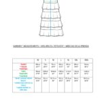 JADE long ruffle skirt sewing pattern measurement chart showing size dimensions for choosing the correct waist and skirt length, with a reference garment drawing.