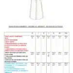 Un tableau affichant les mesures d'un vêtement pour une jupe des tailles XS à XXL. Le tableau comprend les mesures de taille et de longueur en centimètres et en pouces. La jupe, présentée avec une taille élastique et un design plissé, apparaît en haut du tableau aux côtés d'un texte en anglais, français, espagnol et d'une « jupe patron de couture femme ».