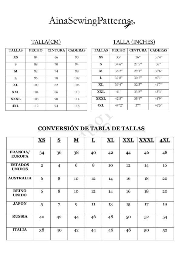 Guia de tallas — AinaSewingPatterns