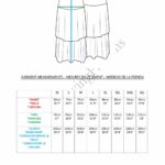 BOHEME maxi skirt sewing pattern measurement chart, showing technical front and back sketches, marked dimensions and a size table in centimetres and inches.