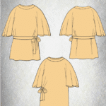 The image displays three variations of a yellow tunic-style top on a textured light grey background, each made using the same tunic sewing pattern. Each top has a waist tie, with the first two tied at different positions on the waist and the third untied. The tops feature elbow-length, wide, flowy sleeves.