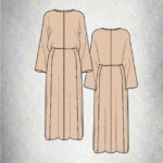 LOVY batwing sleeve dress sewing pattern: technical front and back drawings of the long dress with a defined waist and panelled skirt.