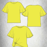 Illustrated image showcasing a bright yellow Top PDF Pattern from three angles: front, back, and front with the hem tied in a knot. The top features loose, flowy sleeves and a relaxed fit. The background is textured with a light gradient transitioning from dark at the edges to brighter in the center.