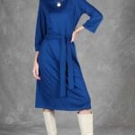 PALOMA midi dress sewing pattern for stretch fabric, featuring a softly shaped waist and round neckline.