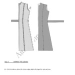 PALOMA princess-seam dress sewing pattern, blue fitted midi dress with a round neckline, three-quarter sleeves and a fabric tie belt at the waist.