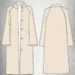 Flat sketch of the VIVIANE long coat pattern, showing front and back views with raglan sleeves, a high collar, and button closure.