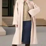 VIVIANE long coat sewing pattern PDF for women, product illustration of a button-front coat with high collar and raglan sleeves.