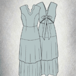 FOYS sewing pattern: fOYS maxi dress sewing pattern in front and back fashion drawings, showing a ruffled V neckline, tiered skirt and deep open back tied with a bow.