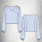 Se representa una blusa de manga larga de color azul claro con un diseño único, que recuerda a un fino patrón de costura para mujer. La parte delantera presenta un escote en V con sutiles detalles fruncidos en los hombros. La parte posterior tiene líneas de costura horizontales y verticales, lo que añade estructura. Tanto la vista frontal como la posterior se muestran sobre un fondo moteado de gris.