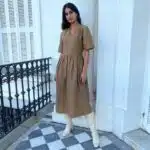 VALENCE midi dress sewing pattern worn as a complete outfit, showing the gathered waist that shapes the skirt below the bodice.