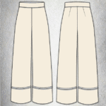 Illustration of two pairs of wide-leg woman pants in light beige. Both pairs feature high waistbands and prominent seams near the hems. The pair on the left has a single front seam, while the pair on the right showcases dart details near the waistband. The background is a textured light grey, resembling a sewing pattern.