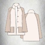 Technical front and back drawings of the JOY high-neck jacket sewing pattern, with raglan sleeves and patch pockets.