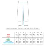 A technical drawing of woman pants with measurements labeled. Below the drawing is a table of garment measurements (waist, hips, inseam length) for sizes XS to 4XL. Measurements are provided in both centimeters and inches. The chart includes headings in English, French, and Spanish—a perfect sewing pattern reference.