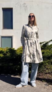 Gyls pleated coat sewing pattern made in Tessuti Belvento brocade fabric