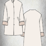 BRISE long coat sewing pattern technical presentation with front and back views, dropped shoulders, turned-back cuffs and five-button closure.