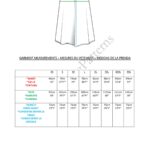 AVA flared skirt sewing pattern garment-measurement chart, with a skirt line drawing above a table of dimensions for choosing the correct size.