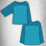 Illustration of a women’s top sewing pattern featuring two teal long-sleeve shirts on a textured gray background. The shirt on top has one sleeve rolled up to the elbow, while the shirt on the bottom has both sleeves fully extended. Both shirts have a simple, clean design with a wide neckline and straight hems.
