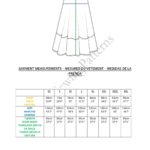 A technical illustration of a boho skirt pattern with measurement lines and a corresponding size chart below. The chart includes waist, hips, and length measurements in centimeters and inches for sizes XS to 4XL. Text in English, French, and Spanish reads "Garment Measurements." The skirt has six segments and a waistband.