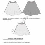Three diagrams illustrate steps for sewing a boho skirt pattern. The first diagram shows tucking and pinning the seam with basting stitches; the second diagram highlights securing the facing with a hand-sewn slipstitch. The third diagram shows placing the skirt and hem right sides together and sewing around.