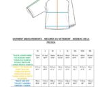 Tabla de medidas de una prenda, disponible en tallas XS a 4XL. La imagen incluye un dibujo de una camisa con líneas que indican la longitud de las mangas, el ancho del pecho y las posiciones de la longitud del cuerpo. Este patrón de costura proporciona medidas en centímetros y pulgadas para el largo de las mangas, el ancho del pecho y el largo del cuerpo.