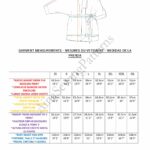A three-column table provides garment measurements in centimeters for sizes XS to XL, focusing on sleeve length, neckline depth, garment length, shoulder width, high hip, low hip, and combined bust, waist, and hip. A labeled line drawing of a kimono sewing pattern is centered above the table.