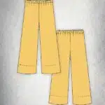 Illustration of two identical pairs of yellow pants with elastic waistbands, resembling a cropped pants sewing pattern. The pants are displayed side by side at a slight diagonal against a textured grey background. Both pairs have simple, wide legs and appear to be made from a lightweight material.