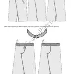 Una imagen de un patrón de costura que muestra los pasos para coser un par de pantalones cortos. La fila superior muestra dos vistas frontales con paneles, seguidas de paneles unidos del patrón de costura. A continuación se muestra una ilustración detallada de cómo colocar la pretina. La fila inferior muestra vistas frontal y posterior de pantalones cortos terminados, resaltando las costuras y los detalles de los bolsillos.