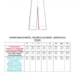 Una imagen que muestra una tabla de medidas de pantalones para tallas XS a 4XL en inglés, francés y español. Las medidas incluyen largo de entrepierna, cintura con y sin fruncido y cintura acabada. Encima del gráfico hay un gráfico de pantalón con líneas de colores que indican áreas de medición, ideal para cualquier patrón de costura.