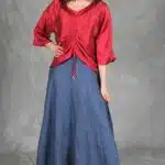 MAR ruched front top sewing pattern: red blouse with center drawstring and elbow-length sleeves, paired with a long blue skirt.