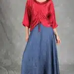 MAR drawstring blouse sewing pattern: straight-on view of the red top with gathered center front over a navy-blue maxi skirt.