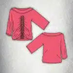 MAR ruched blouse sewing pattern technical drawing: front and back of the top with elbow-length sleeves and central gathers.