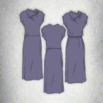 Technical drawing of a bias cut dress sewing pattern showing front and back views with design variations.