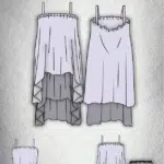 Technical drawing of a top and skirt sewing pattern showing front and back views. The design features an asymmetrical hem for both the top and skirt, with ruffle details. The pattern includes variations such as a belted waist option.