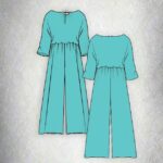 Front and back technical drawings of the COLETTE jumpsuit sewing pattern, showing wide legs and relaxed sleeves.