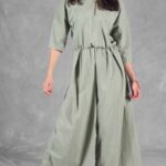 COLETTE modern jumpsuit sewing pattern: comfortable green wide-leg silhouette with relaxed short kimono sleeves.