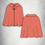 Illustration of a front and back view of a cape designed using a ladies cape pattern, showcasing a rounded collar and a clasp closure.