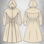 Technical drawing of a hooded raincoat pattern with a belted waist, button closure, and decorative seam lines.