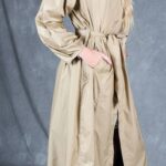 BLIZZARD hooded raincoat sewing pattern – garment photo for beige belted raincoat; women’s outerwear sewing project.