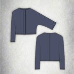 Technical illustration of a cropped jacket pattern, showing both front and back views with minimal detailing and clean lines, featuring long sleeves and a simple round neckline.