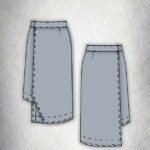 Technical front and back drawings of the JANYS asymmetrical pencil skirt sewing pattern, showing overlapping panels, darts and waistband.