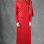 ALICIA draped maxi dress PDF sewing pattern for women, with a fitted long silhouette and softly asymmetric draping.