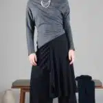 LE SILENCE DU VENT sewing pattern cover for wide-leg women’s trousers with an asymmetric skirt overlay, PDF pattern presentation.