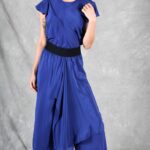 LE SILENCE DU VENT sewing pattern: blue wide-leg pants with an asymmetrical skirt overlay, a fluid layered trouser design.